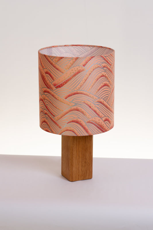 Square Oak Table Lamp with 20cm Drum Lamp Shade W09 ~ Peach Hills
