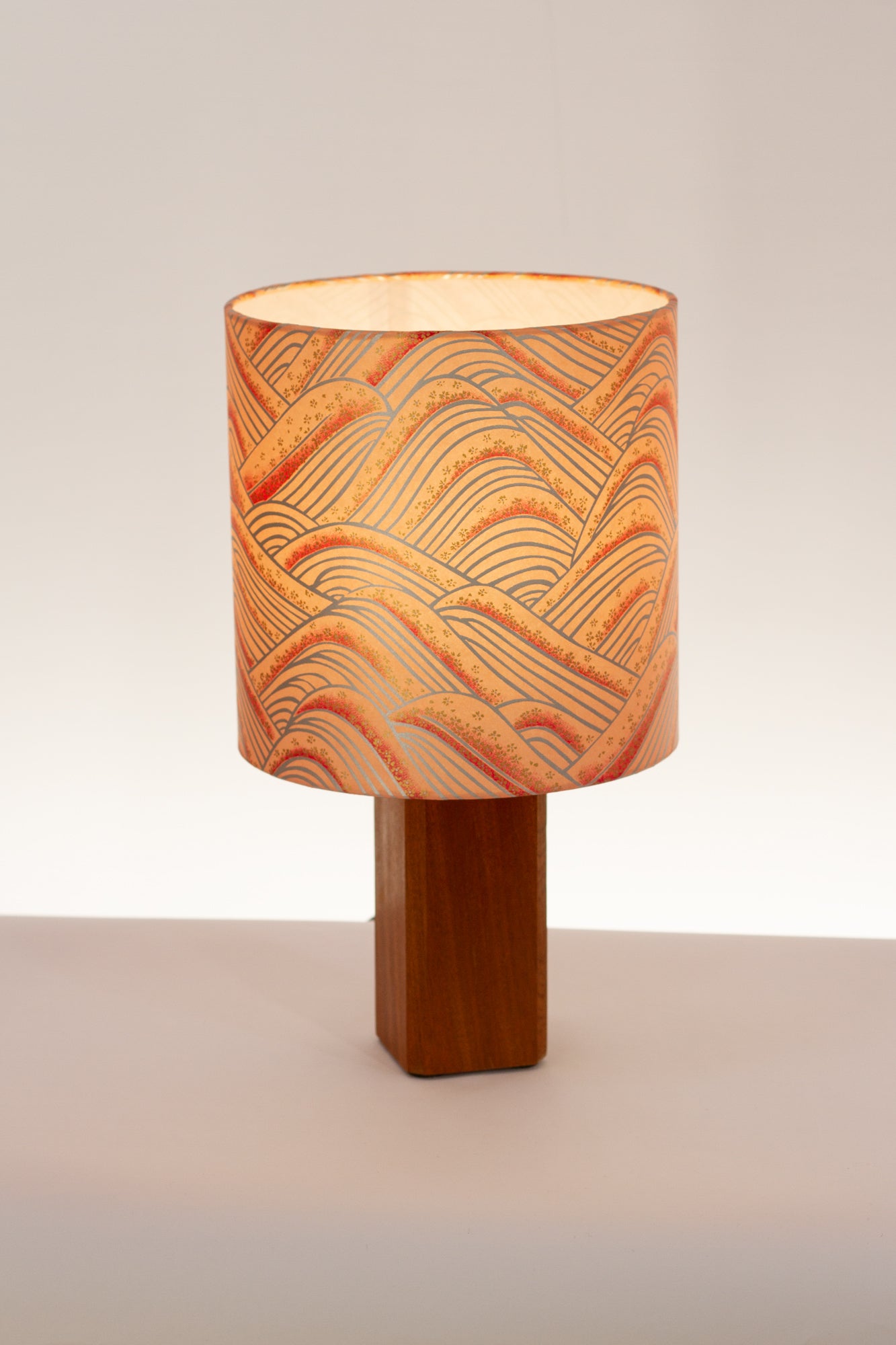 Square Sapele Table Lamp with 20cm Drum Lamp Shade W09 ~ Peach Hills