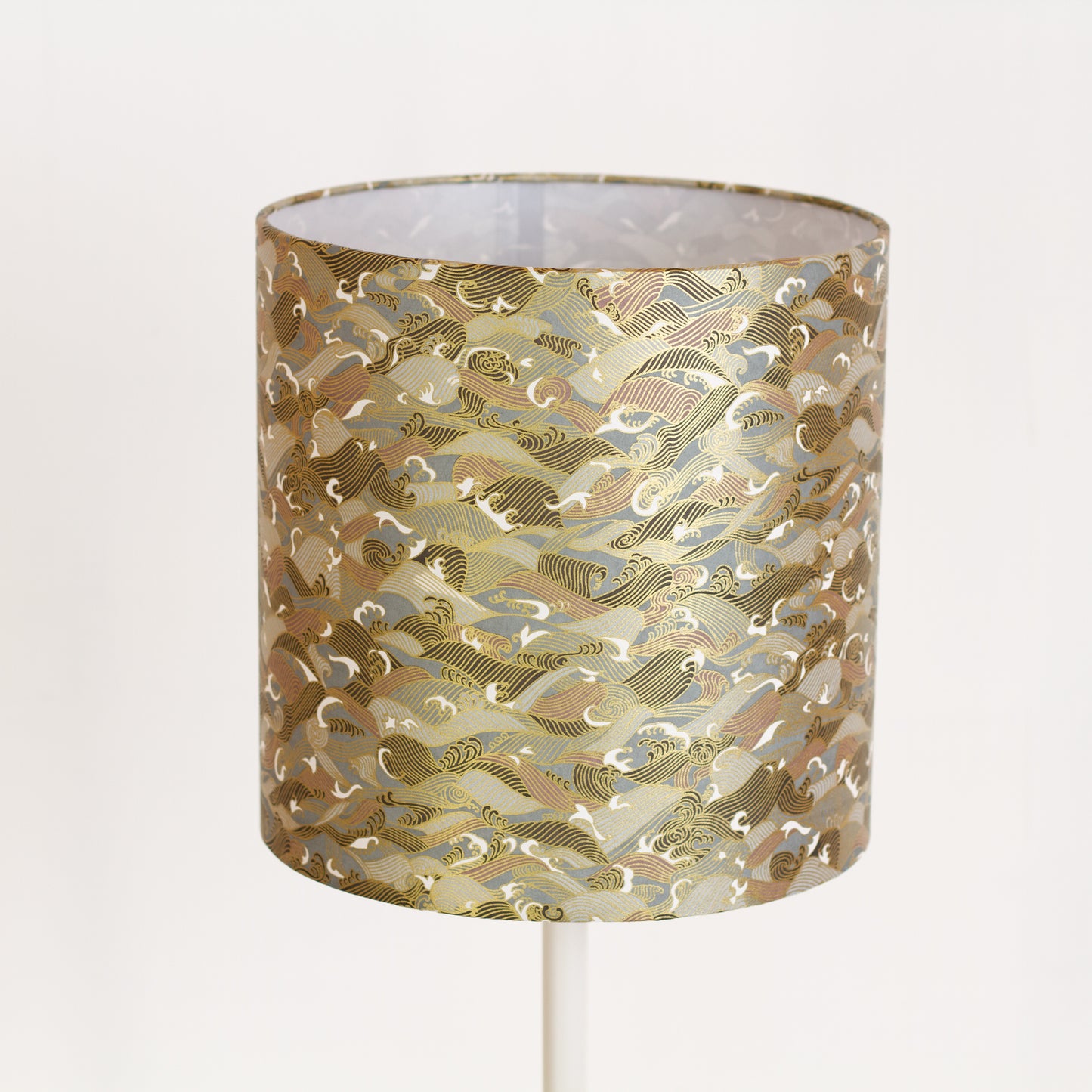 Drum Lamp Shade - W03 - Gold Waves on Greys, 25cm x 25cm