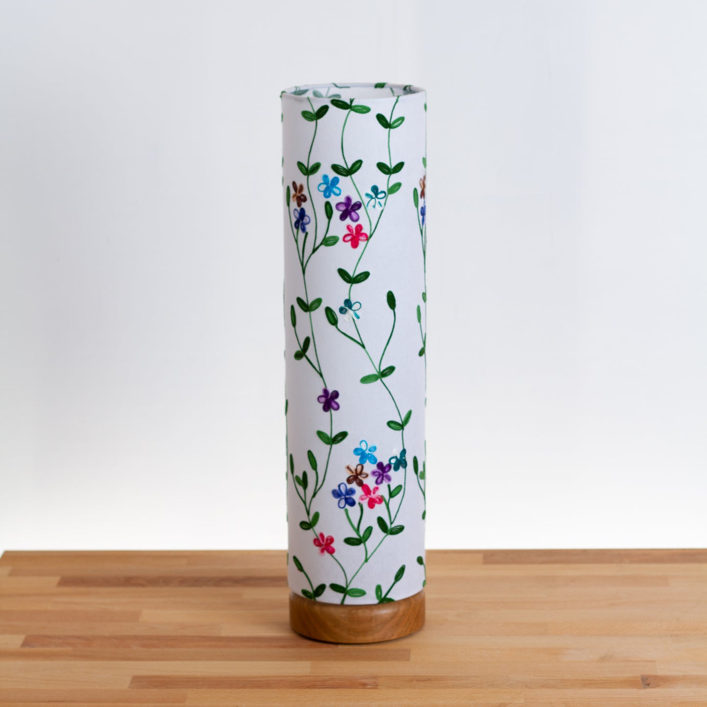 Flat Round Oak Table Lamp with 15cm x 60cm Lampshade in P43 - Embroidered Flowers on White