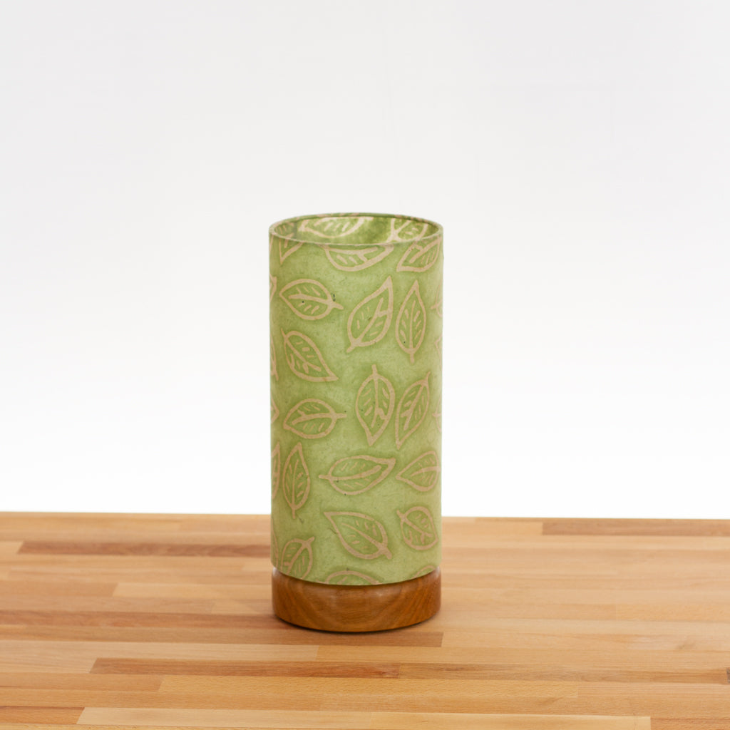 Flat Round Oak Table Lamp with 15cm x 30cm Lampshade in P29 - Batik Leaf on Green