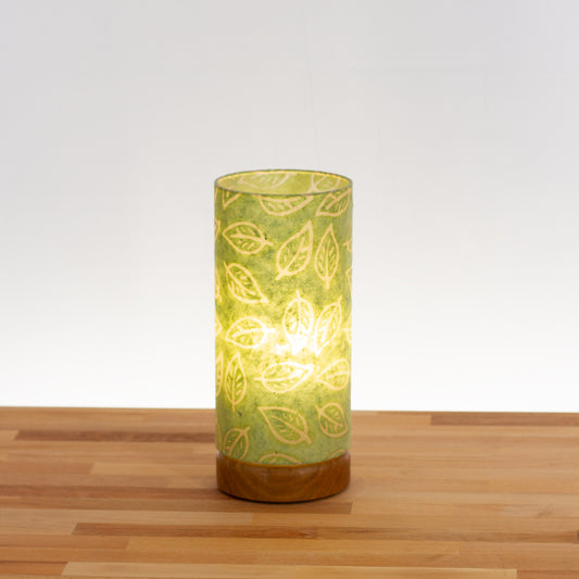 Flat Round Oak Table Lamp with 15cm x 30cm Lampshade in P29 - Batik Leaf on Green