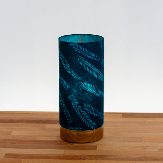 Round Oak Table Lamp Flat with 15cm x 30cm Drum Lampshade in B106 ~ Resistance Dyed Teal Fern