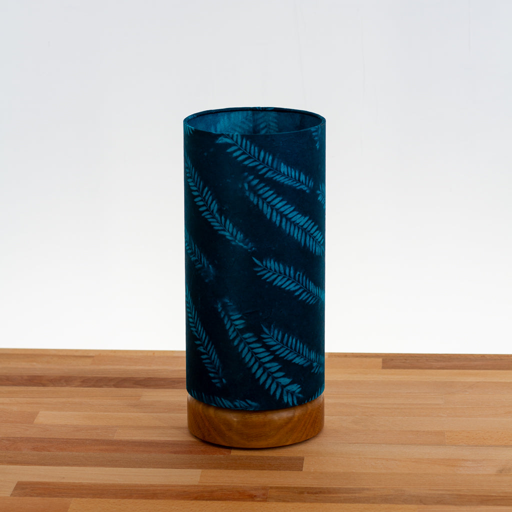 Round Oak Table Lamp Flat with 15cm x 30cm Drum Lampshade in B106 ~ Resistance Dyed Teal Fern