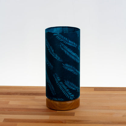 Round Oak Table Lamp Flat with 15cm x 30cm Drum Lampshade in B106 ~ Resistance Dyed Teal Fern