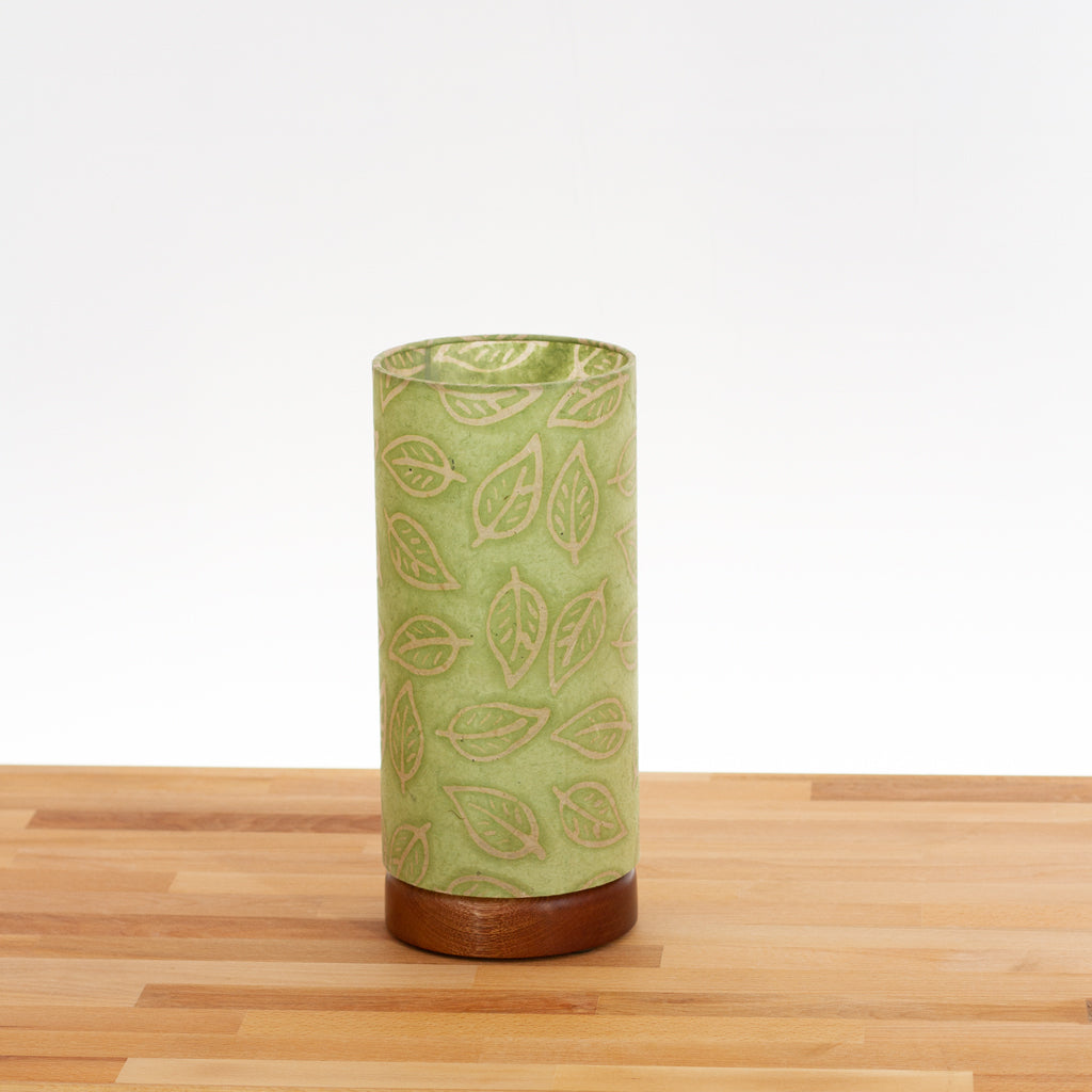 Flat Sapele Table Lamp with 15cm x 30cm Lampshade in P29 - Batik Leaf on Green
