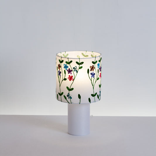 Matching Table Lamp Small with Drum Lamp Shade ~ Embroidered Flowers on White (P43) + Plain Base