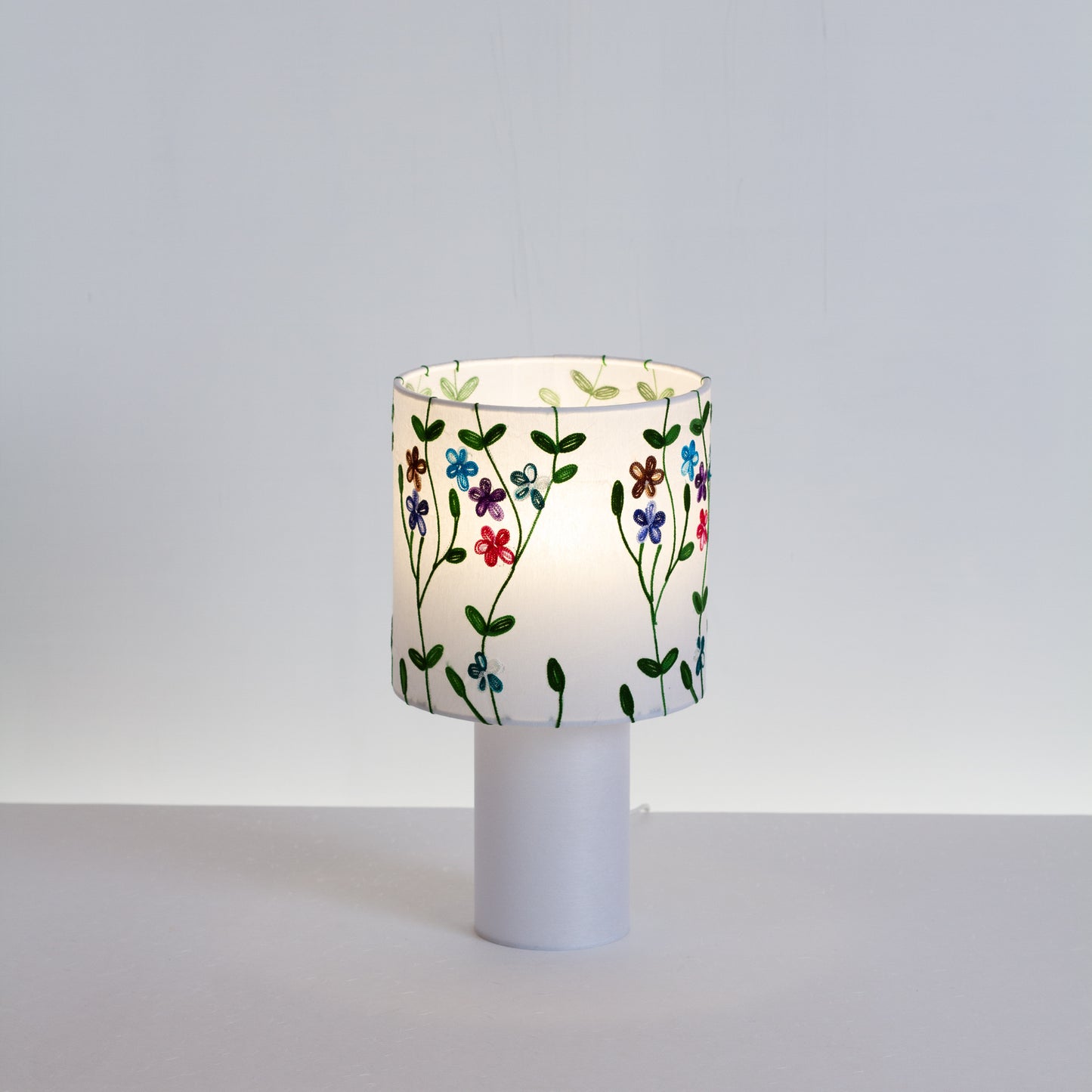 Matching Table Lamp Small with Drum Lamp Shade ~ Embroidered Flowers on White (P43) + Plain Base