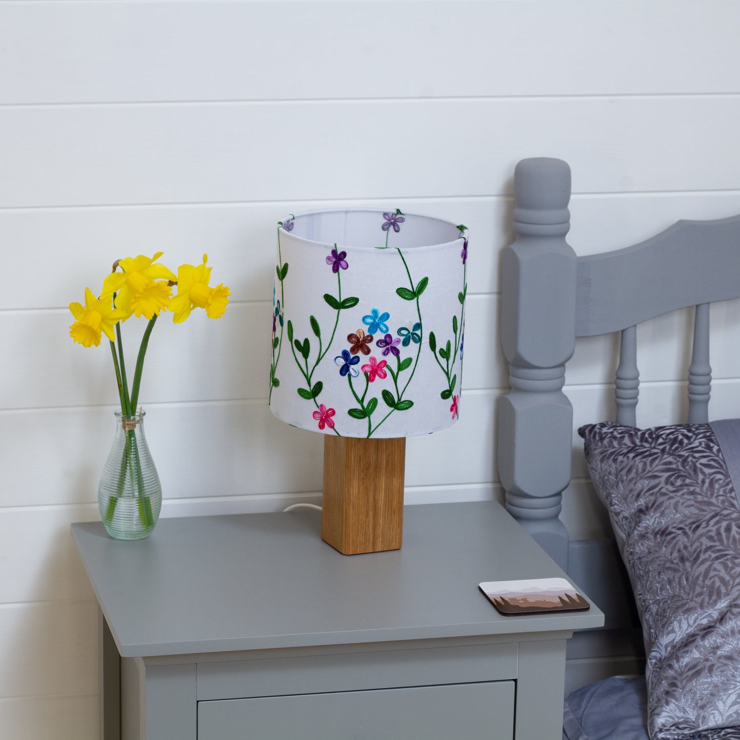 Square Oak Table Lamp with 20cm Drum Lamp Shade ~ Embroidered Flowers on White (P43)