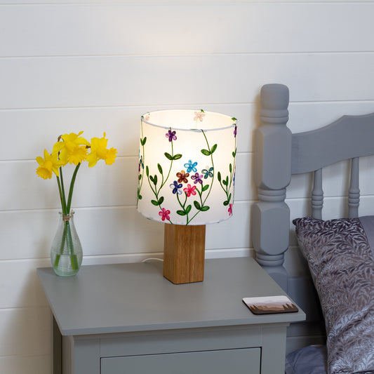 Square Oak Table Lamp with 20cm Drum Lamp Shade ~ Embroidered Flowers on White (P43)