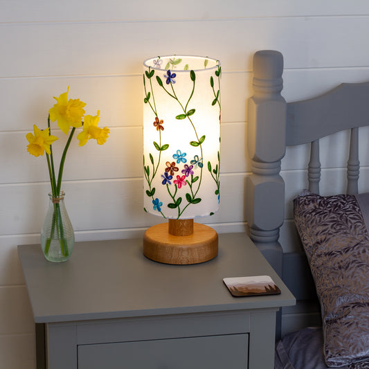 Handmade Oak Table Lamp Round  (15cm) with 15cm x 30cm Drum Lampshade in Embroidered Flowers on White (P43)