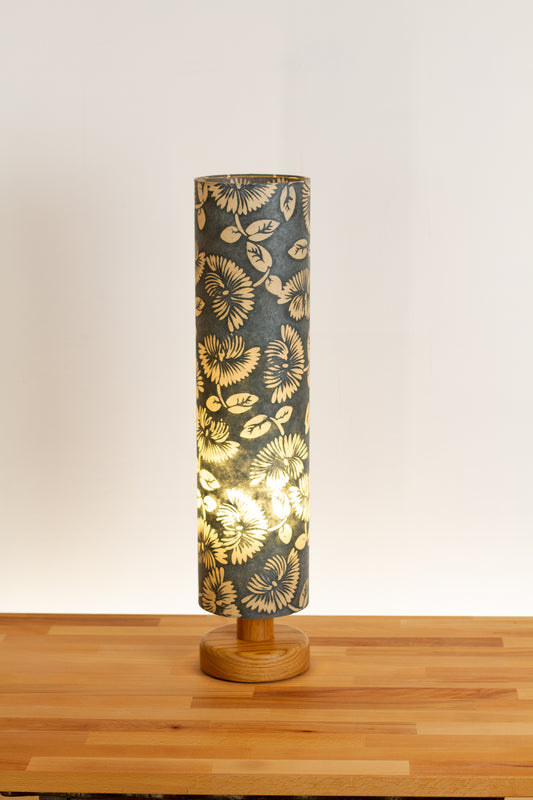 Round Oak Table Lamp with 15cm x 65cm Lampshade in B119 ~ Batik Peony Grey
