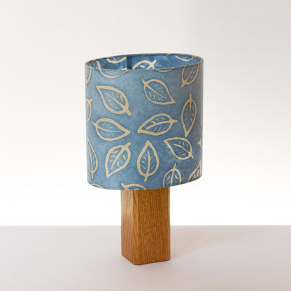 Square Oak Table Lamp with 20cm Oval Lamp Shade P31 Batik Leaf Blue