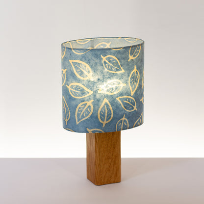 Square Oak Table Lamp with 20cm Oval Lamp Shade P31 Batik Leaf Blue