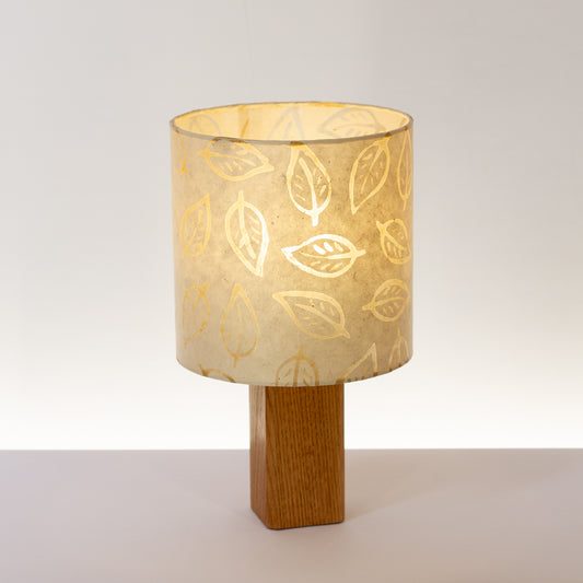 Square Oak Table Lamp with 20cm Drum Lamp Shade P28 ~ Batik Leaf on Natural