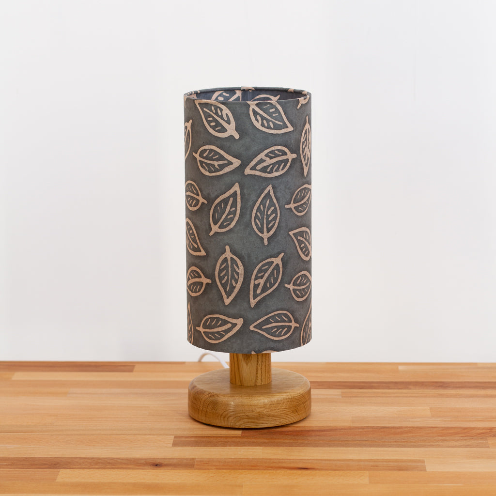 Round Oak Table Lamp (15cm) with 15cm x 30cm Drum Lampshade in Batik Leaf Grey (B124)