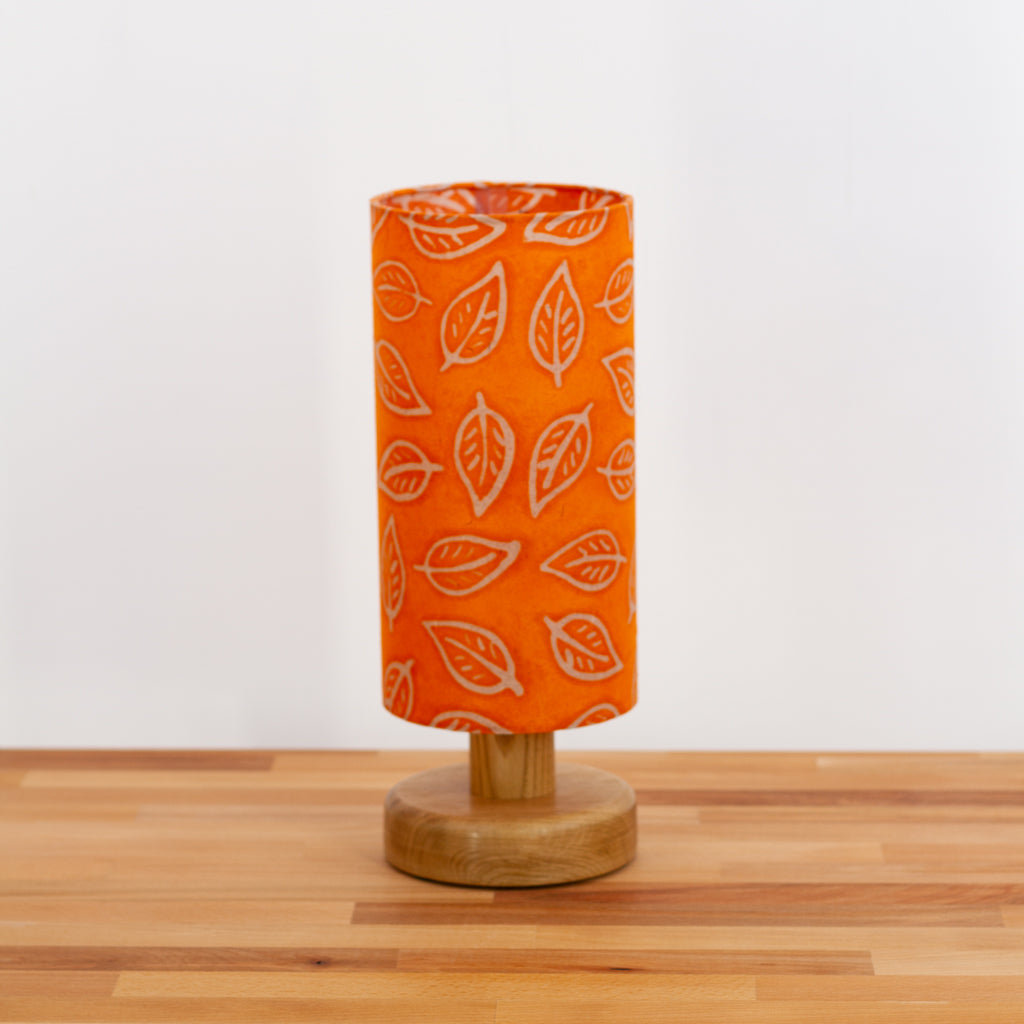 Round Oak Table Lamp (15cm) with 15cm x 30cm Drum Lampshade in Batik Leaf Orange (B123)