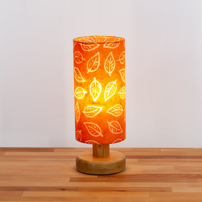 Round Oak Table Lamp (15cm) with 15cm x 30cm Drum Lampshade in Batik Leaf Orange (B123)