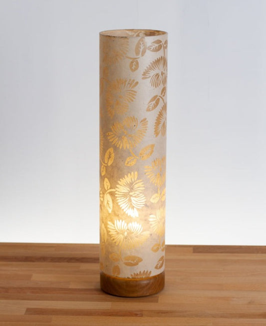 Flat Round Oak Table Lamp with 15cm x 60cm Lampshade in P09 - Batik Peony on Natural