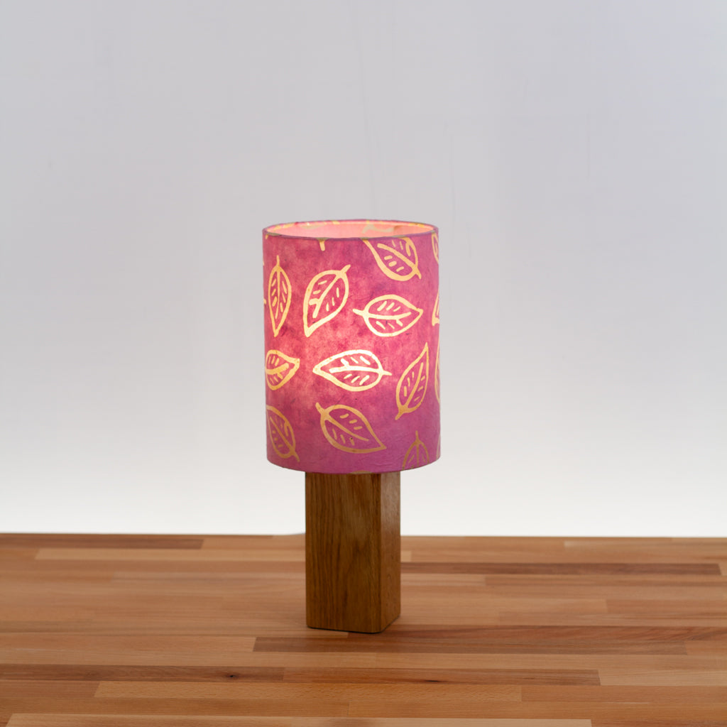 Square Oak Table Lamp with 15cm Drum Lamp Shade ~ Batik Leaf on Pink (P67)