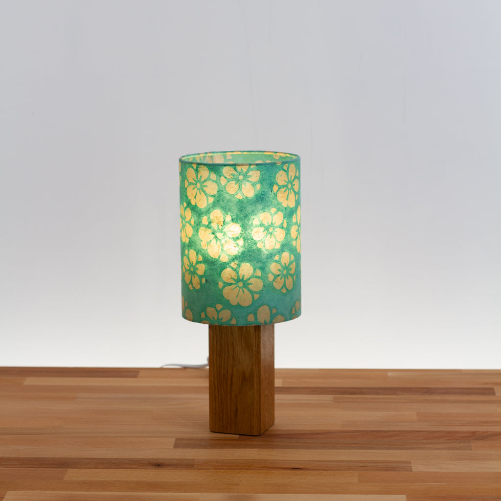 Square Oak Table Lamp with 15cm Drum Lamp Shade ~ Batik Star Flower Sea Foam(P80)
