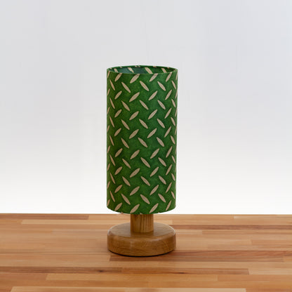 Round Oak Table Lamp (15cm) with 15cm x 30cm Drum Lampshade in P96 ~ Batik Tread Plate Green