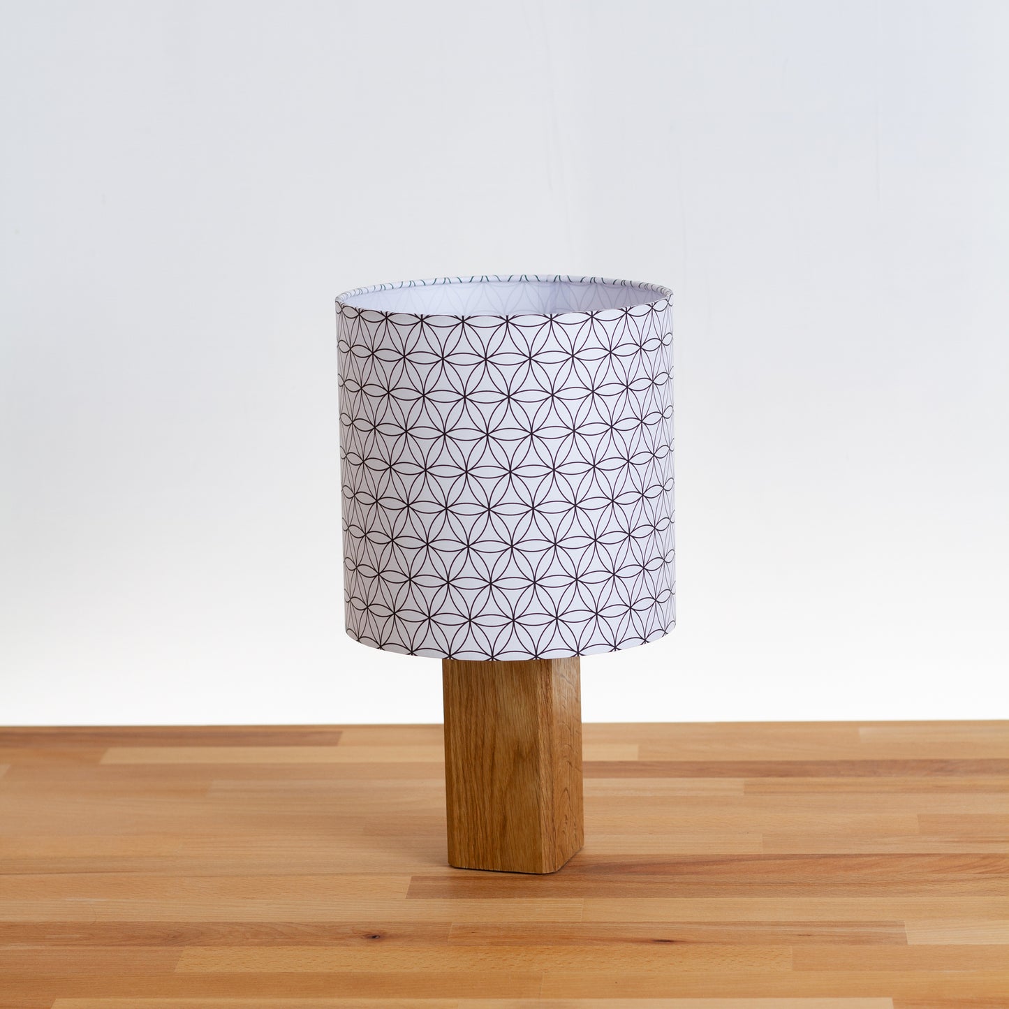 Square Oak Table Lamp with 20cm Drum Lamp Shade B108 Flower of Life