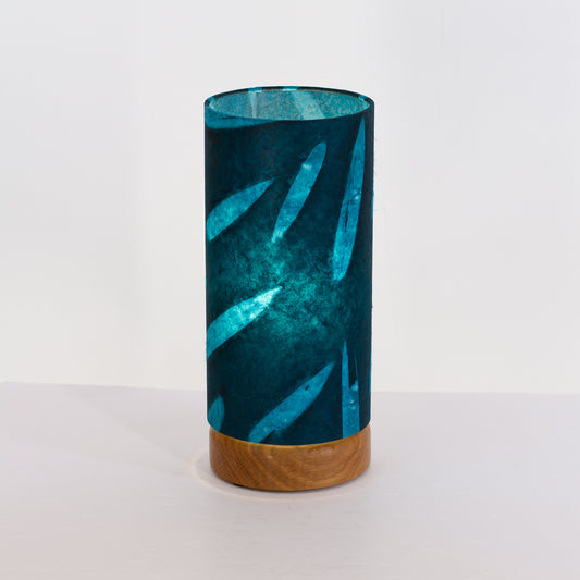 Flat Round Oak Table Lamp with 15cm x 30cm Lampshade in P99 - Resistance Dyed Teal Bamboo