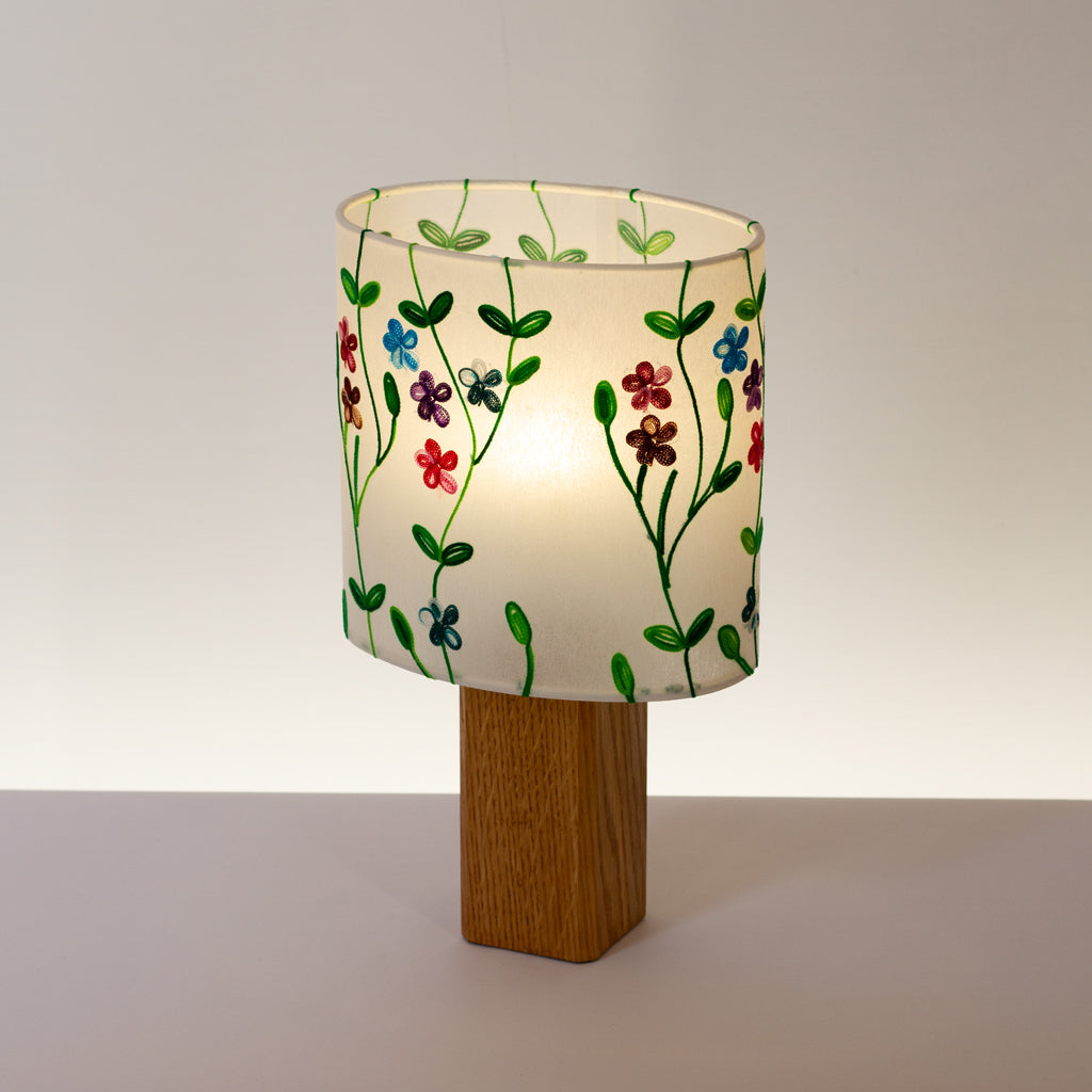 Square Oak Lamp Base with Oval Lampshade in P43 White Embroidered Flowers