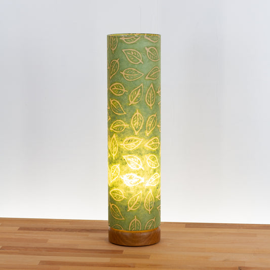 Flat Round Oak Table Lamp with 15cm x 60cm Lampshade in P29 - Batik Leaf on Green