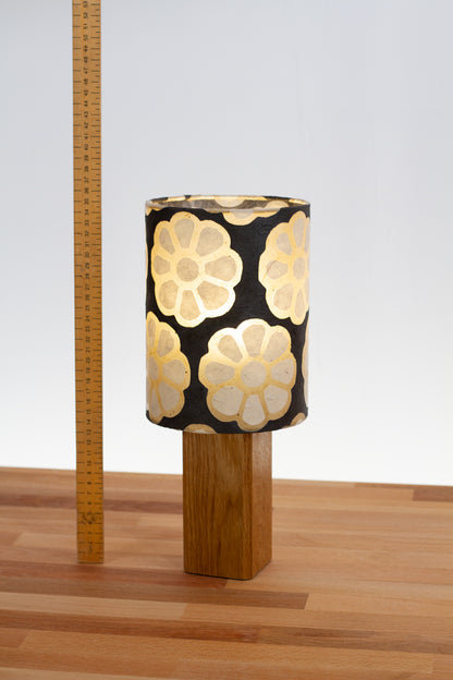 Square Oak Table Lamp with 15cm Drum Lamp Shade ~ Batik Big Flower on Black (P24)