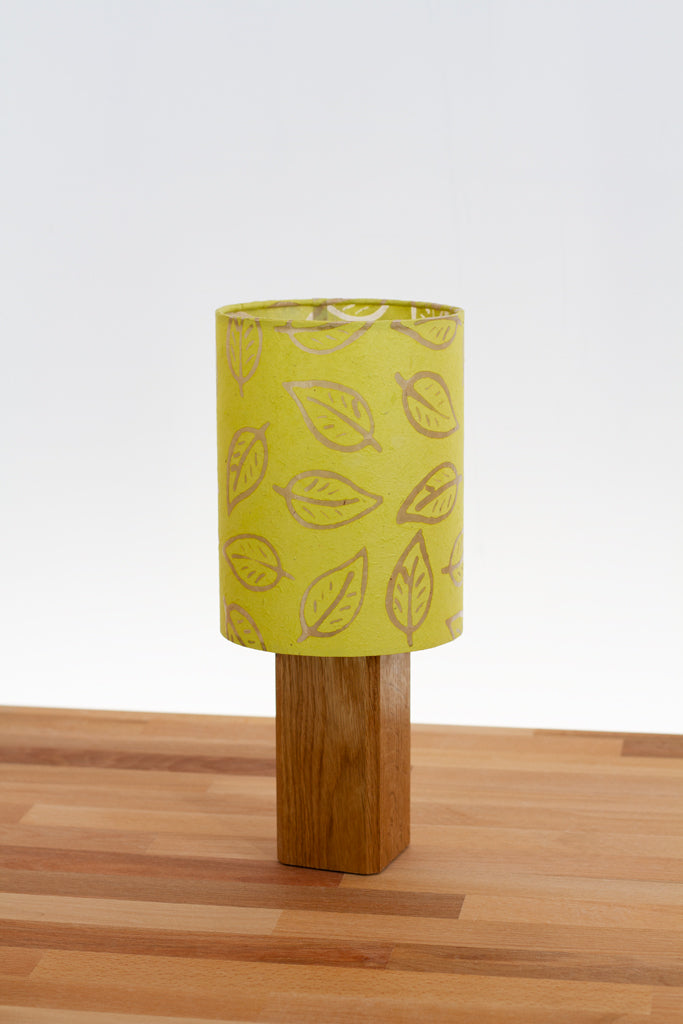 Square Oak Table Lamp with 15cm Drum Lamp Shade ~ Batik Leaf Lime (B117)