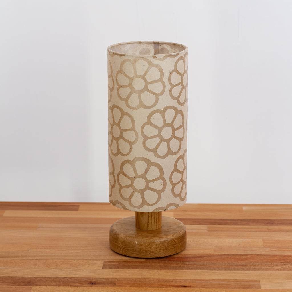 Round Oak Table Lamp (15cm) with 15cm x 30cm Drum Lampshade in Batik Big Flower on Natural(P17)