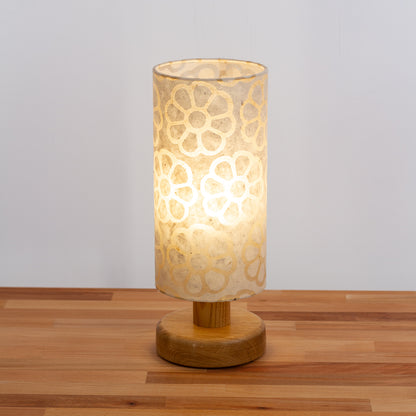 Round Oak Table Lamp (15cm) with 15cm x 30cm Drum Lampshade in Batik Big Flower on Natural(P17)