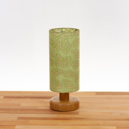 Round Oak Table Lamp with 15cm x 30cm Lamp Shade in Batik Leaf Green P29