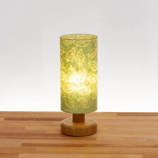 Round Oak Table Lamp with 15cm x 30cm Lamp Shade in Batik Leaf Green P29