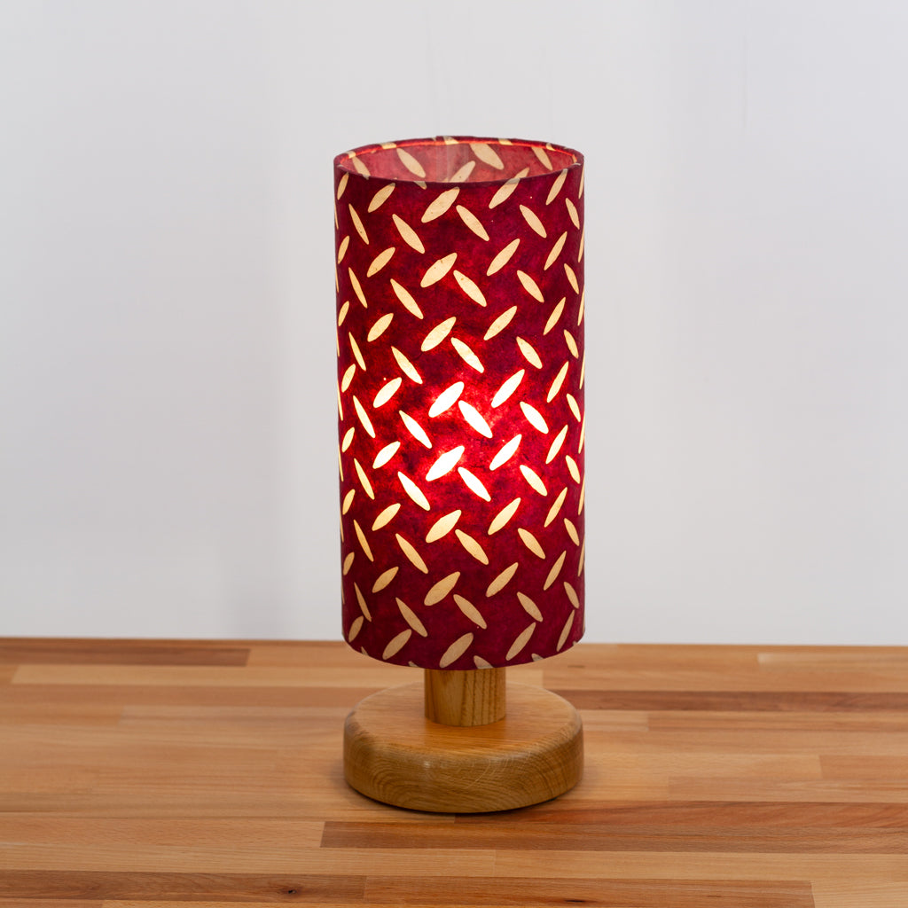 Round Oak Table Lamp (15cm) with 15cm x 30cm Drum Lampshade in Batik Tread Plate Cranberry(P14)