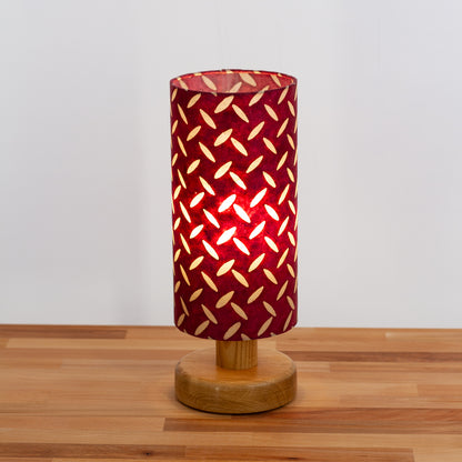 Round Oak Table Lamp (15cm) with 15cm x 30cm Drum Lampshade in Batik Tread Plate Cranberry(P14)