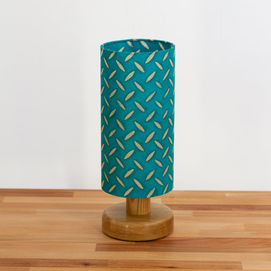 Round Oak Table Lamp (15cm) with 15cm x 30cm Drum Lampshade in Batik Tread Plate Mint Green(P15)