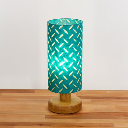 Round Oak Table Lamp (15cm) with 15cm x 30cm Drum Lampshade in Batik Tread Plate Mint Green(P15)