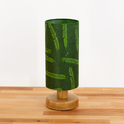 Round Oak Table Lamp (15cm) with 15cm x 30cm Drum Lampshade in Resistance Dyed Green Fern (P27)