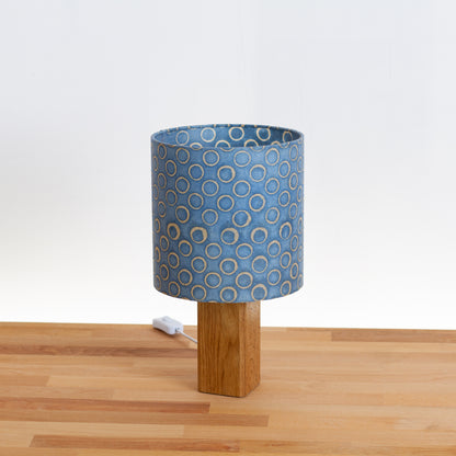 Square Oak Table Lamp with 20cm Drum Lamp Shade P72 - Batik Blue Circles