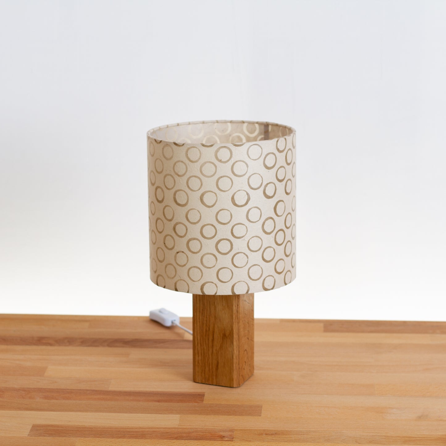 Square Oak Table Lamp with 20cm Drum Lamp Shade P74 - Batik Natural Circles