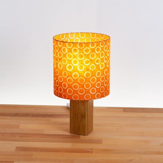 Square Oak Table Lamp with 20cm Drum Lamp Shade P03 - Batik Orange Circles