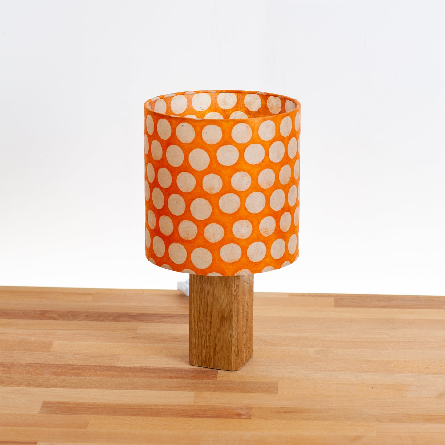 Square Oak Table Lamp with 20cm Drum Lamp Shade B110 ~ Batik Dots on Orange