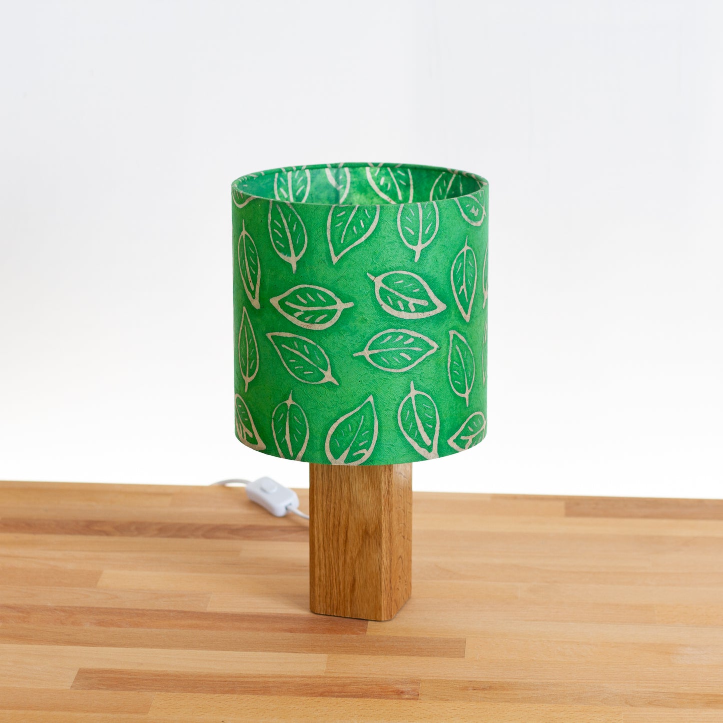 Square Oak Table Lamp with 20cm Drum Lamp Shade B126 ~ Batik Leaf Bright Green