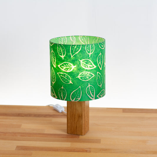Square Oak Table Lamp with 20cm Drum Lamp Shade B126 ~ Batik Leaf Bright Green