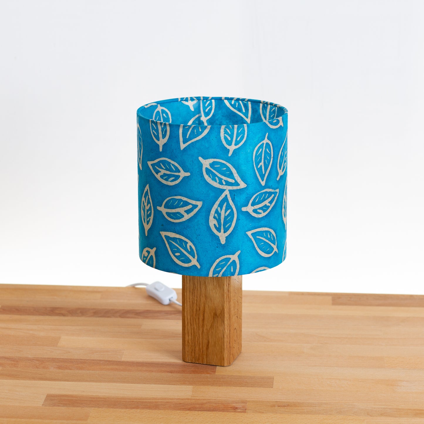 Square Oak Table Lamp with 20cm Drum Lamp Shade B125 ~ Batik Leaf Teal