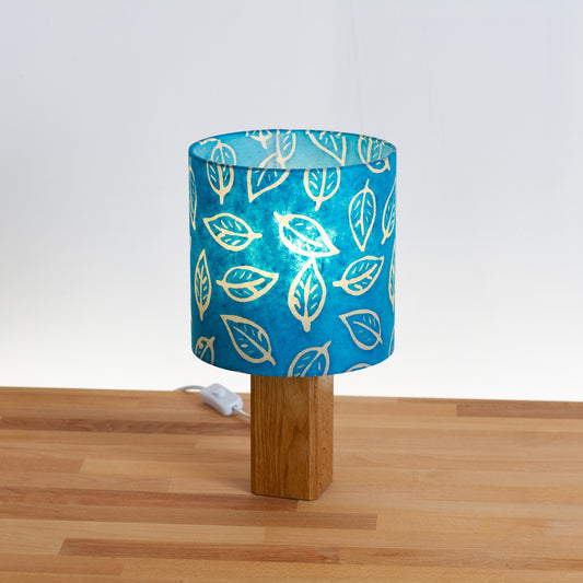 Square Oak Table Lamp with 20cm Drum Lamp Shade B125 ~ Batik Leaf Teal