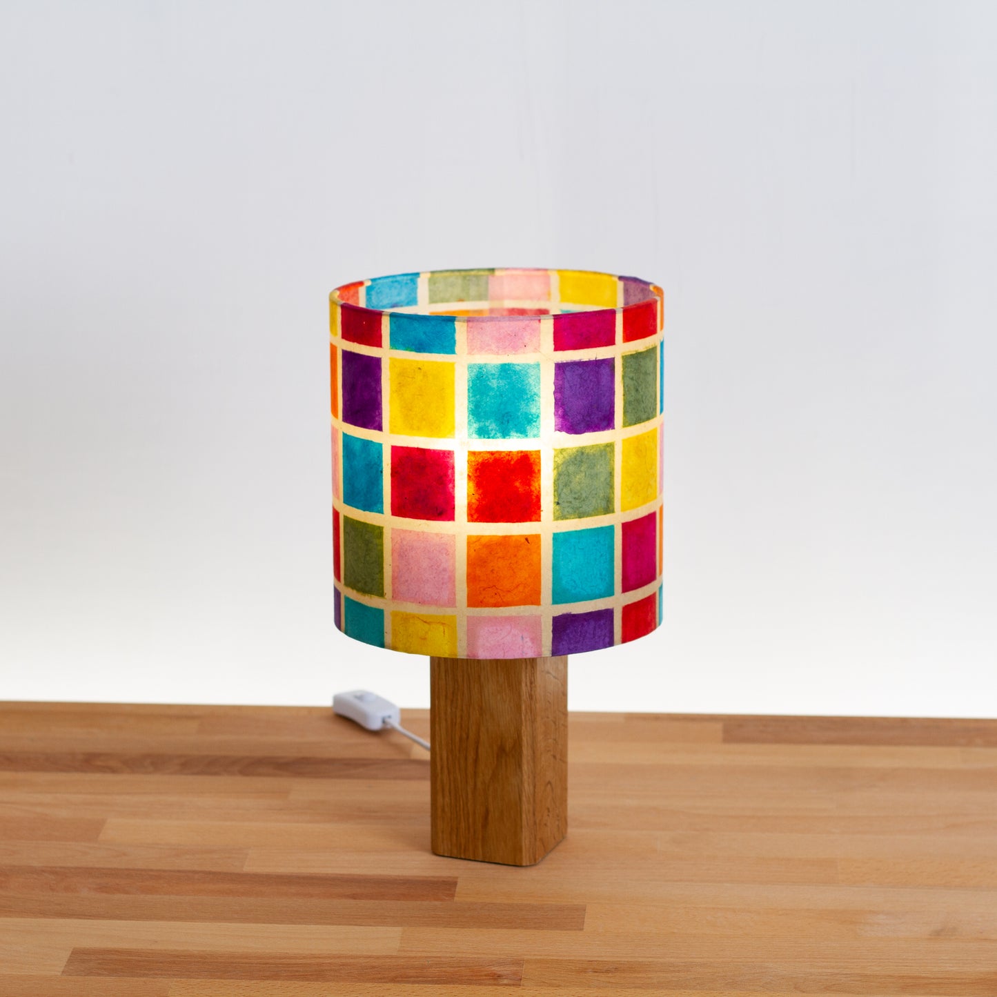 Square Oak Table Lamp with 20cm Drum Lamp Shade P01 Batik Mutli Square
